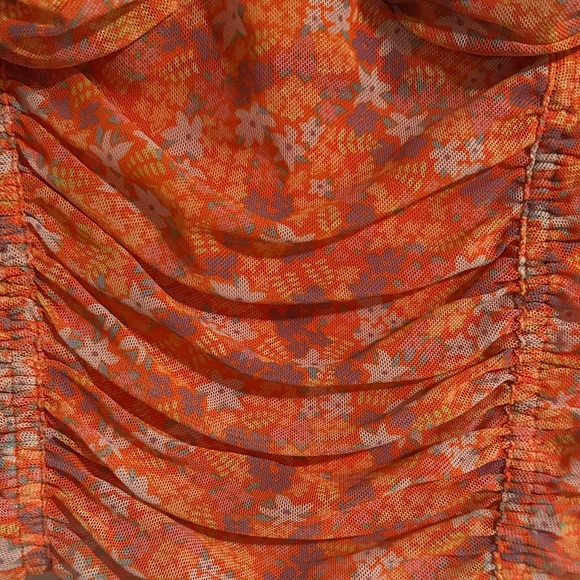 Orange Floral Ruched Puff Sleeve Top - Picture 3 of 3
